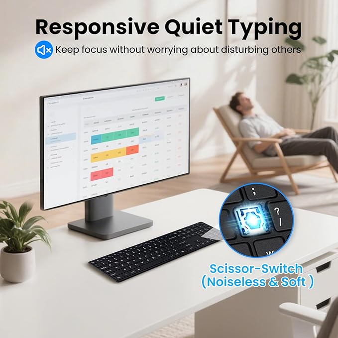 Wireless Keyboard-2.4G USB Ultra Slim Quiet Full Size Matte PC Computer Keyboard,19 Multimedia Keys,Number Pad,Plug&Play,Lag-Free Ergo,Long Battery Life for Desktop,Laptop,Smart TV,MAC,Windows,QWERTY