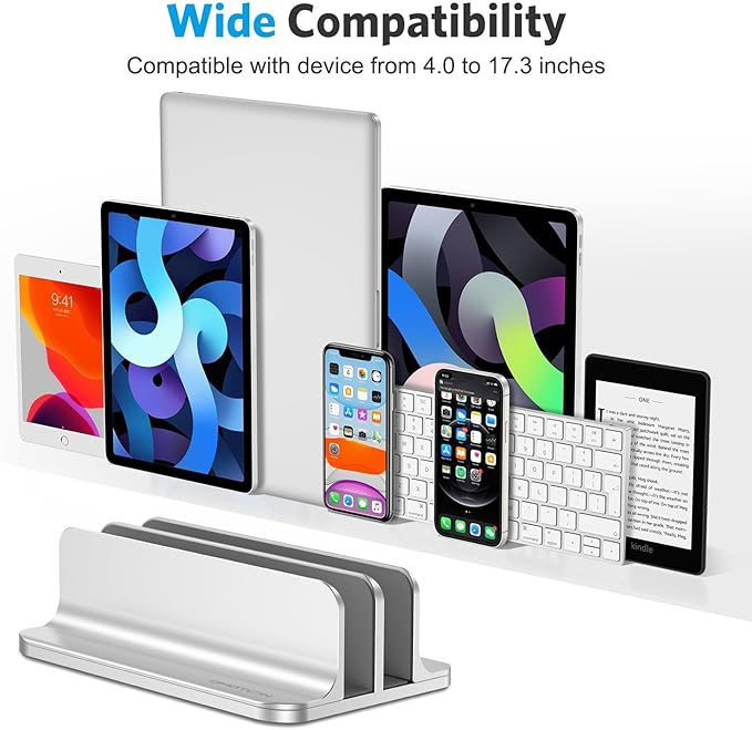 OMOTON [Updated Dock Version] Vertical Laptop Stand, Double Desktop Stand Holder with Adjustable Dock (Up to 17.3 inch), Fits All MacBook/Surface/Samsung/HP/Dell/Chrome Book (Silver)