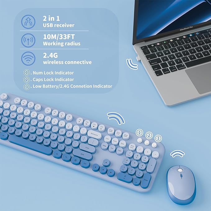 Wireless Keyboard and Mouse Combo, 2.4GHZ Typewriter Retro Full Size Keyboards, Cute Colorful Computer Keyboard and Wireless Mouse for Laptop/Desktop/Windows/PC (Blue Gradient)