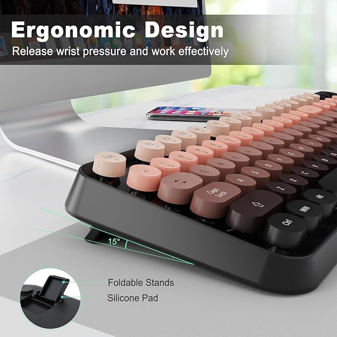 Wireless Keyboard and Mouse Combo, Retro Typewriter Style Keyboard with Cute Round Keycaps, 2.4GHz Bubble Creamy Keyboard for Long Nails, Clicky Mouse with 3 DPI for PC Computer Laptop Desktop (Black)