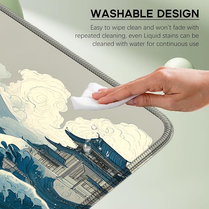 Kanagawa Wave Surfing Mouse pad,Large Japanese Anime Pattern Desk mat with Sewn Edges, microwoven Fabric, Easy to Clean, Suitable for Laptop Gaming Mouse pad (31.5×11.8in)