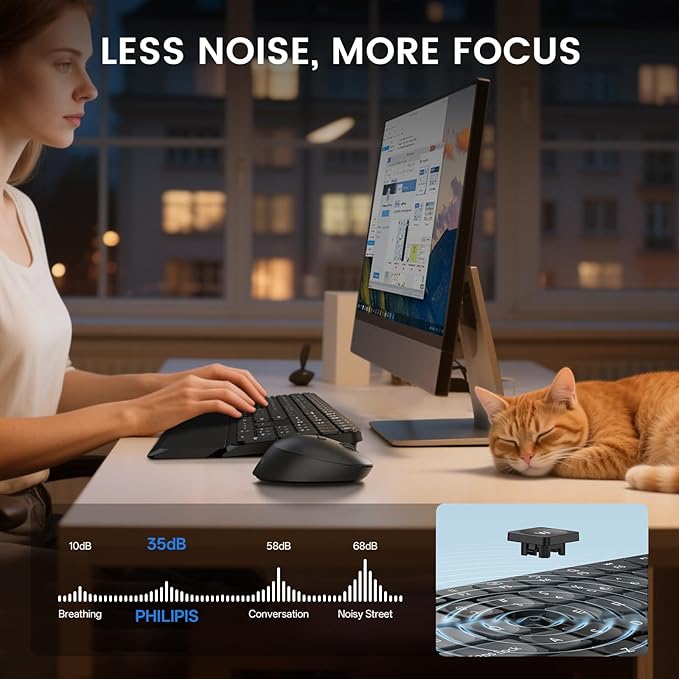 PHILIPS Bluetooth Keyboard and Mouse Combo, Ergonomic Design with Wrist Rest for Computer Keyboard, Bluetooth/2.4Ghz 3-Device Connectivity, Wireless Keyboard and Mouse Set for Windows/Android, Black
