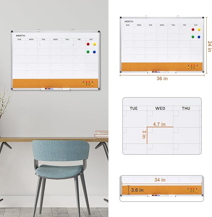 Comix Dry Erase Calendar Whiteboard Corkboard Combo, 36 * 24 inch Monthly Calendar and Bulletin Board Combination for wall, Aluminum Frame Planner with Dry Erase Markers, Magnets, Push Pins