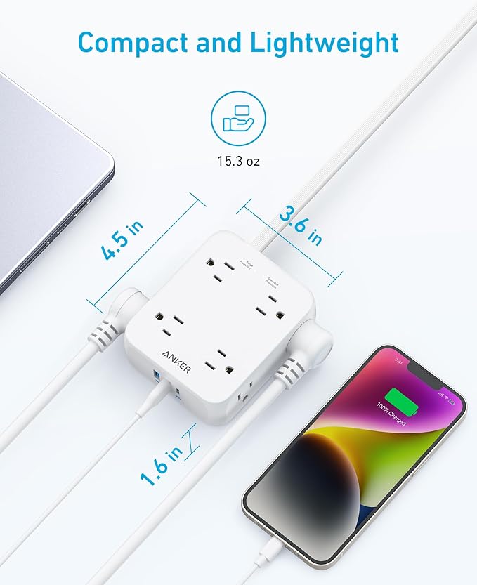 Anker Power Strip with 2000J Surge Protector, Flat Plug Extension Cord with Multiple Outlets, 8 AC, 2 USB A & 1 USB C Port for 20W, 10ft Outlet Extender, Dorm Room Essentials, Home Office, TUV Listed