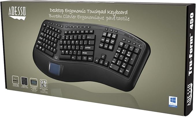 Adesso AKB-450UB - Ergonomic Keyboard with Built-in Touchpad & Palm Rest for Comfort, Wired USB, Multimedia Hotkeys, Split Keys Design - Compatible for PC