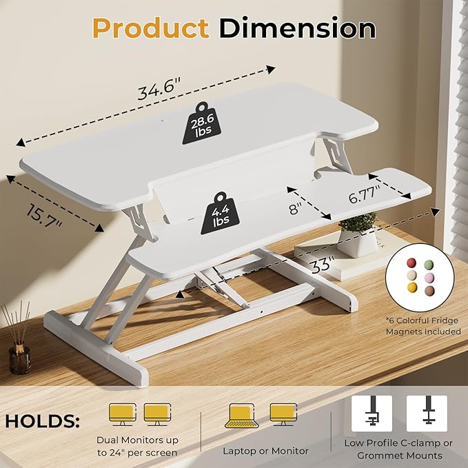 JOY worker Standing Desk Converter, 35" Height Adjustable Sit Stand Up Desk Riser with Keyboard Tray & 6 Fridge Magnets, Desktop Workstation Riser for Home Office Computer Laptop, White