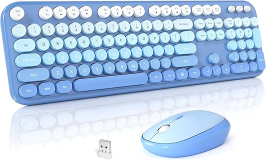 MOFII Wireless Keyboard and Mouse Combo, Cute Keyboard Full Size and Wireless Mouse, 2.4GHz Retro Typewriter Keyboard Mouse Set for PC/Desktop/Laptop/Windows (Blue Gradient)