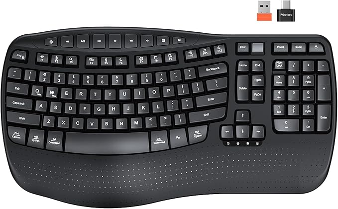 MEETION Wireless Ergonomic Keyboard, Wave Keys Wrist Rest for Natural Typing, 2.4G USB-A Cordless Receiver and USB-C Adapter, Ergo Computer Keyboard Compatible with Windows/Mac/PC/Laptop, Black