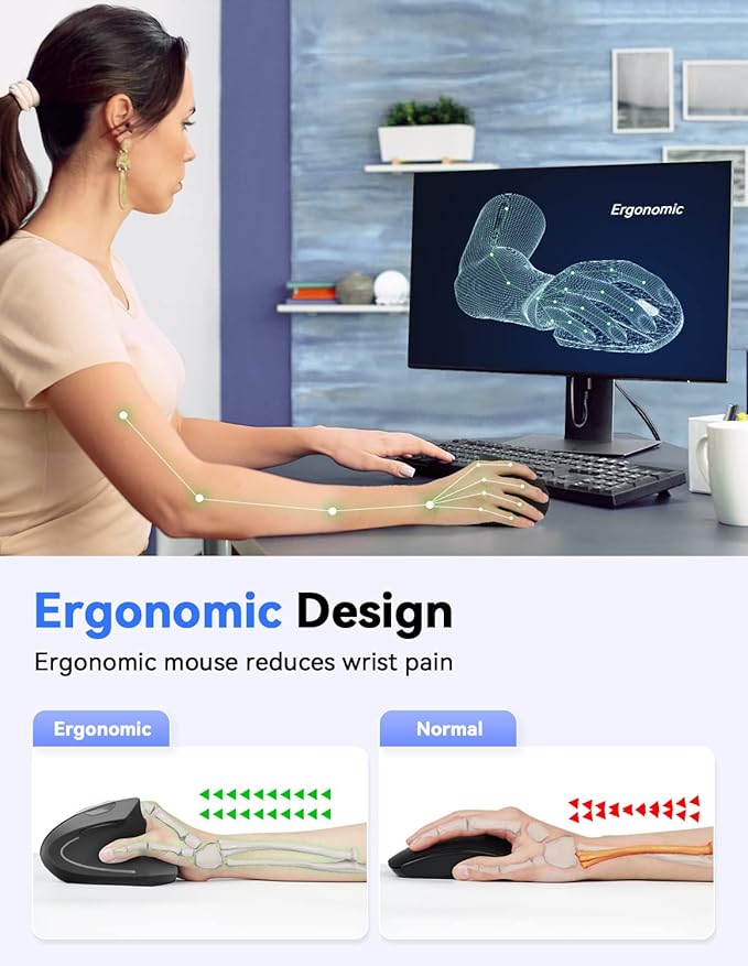 TECKNET Ergonomic Wireless Vertical Mouse, 4800 DPI with 5 Adjustable Levels, 2.4GHz Optical, 6 Buttons for Laptop, Desktop, PC, MacBook - Black