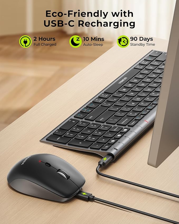 seenda Wireless Bluetooth Keyboard and Mouse Combo, COE401 Rechargeable Slim Keyboard Mouse, 3 Multi-Device Connection, Compact Quiet Set Compatible for Mac/Windows Laptop MacBook iPad, Black Gray