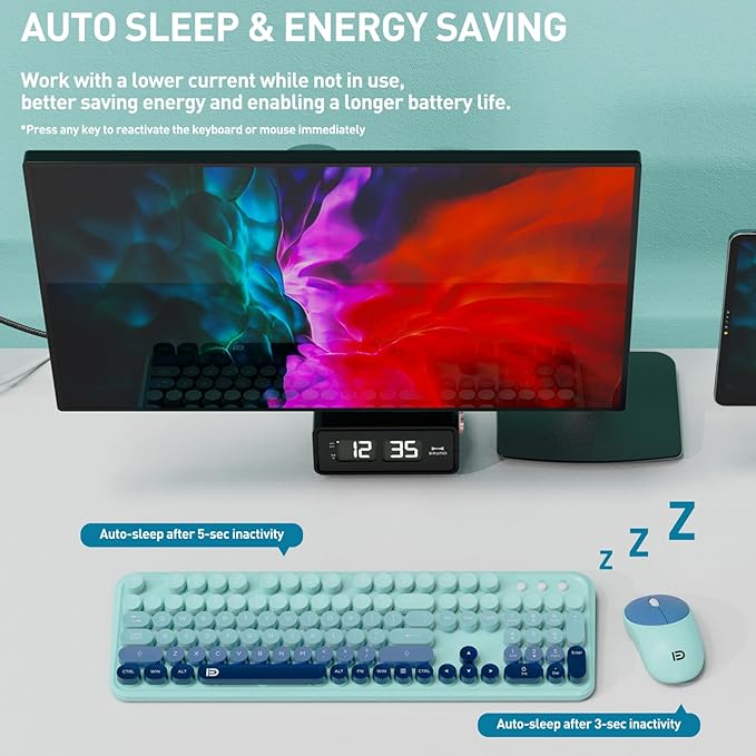 Keyboard and Mouse Wireless,2.4Ghz Retro Typewriter Style Round Keycap,Full Size Colorful Wireless Keyboard Mouse Combo,Cute Cordless Keyboard Mouse Set for PC Laptop Desktop Computer-Teal