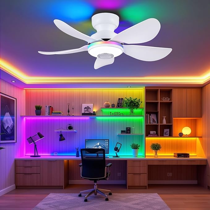 36 Inch Ceiling Fans with RGB Lights Remote/APP Control, Flush Mount, 3 CCT Dimmable White Lights+RGB Ring Lights+Music Player, 5 Reversible Plastic Blades 6 Speeds for Kidsroom, White