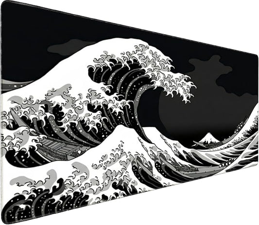 LifeWarrantly Japanese Sea Wave Large Gaming Mouse Pad – 31.5" x 15.7" Full Desk Mat, Non-Slip Rubber Base, Waterproof, Stitched Edges, Durable Surface for Esports, Office, Home