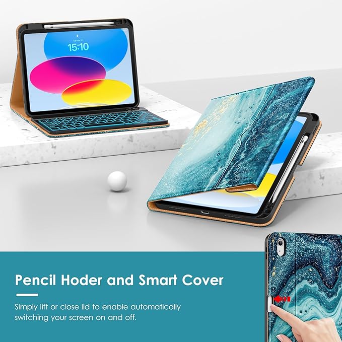 VIKESI Keyboard Case for iPad (A16,2025) 11th Generation/iPad 10th Generation Case (10.9" 2022),Premium Leather Smart Cover,Built-in Breathing Light,Function Row,Pencil Holder,Card Slots-Gold Texture