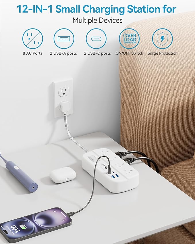 Short Extension Cord 1 ft - Flat Plug Power Strip Surge Protetor with 8 Outlets 4 USB (5V/3.4A 17W) Charging Ports, Multi Plug Wall Outlet Splitter for Home Bedroom Hotel Office Desktop Accessories