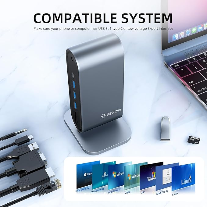 USB3.0 Universal Docking Station with 100W Charging, Dual Monitor for Windows and Mac, USB 3.0 or USB-C (HDMI, 1x USB-C, 4X USB3.0,VGA1080P, Ethernet, Audio, TF/SD Card Reader)