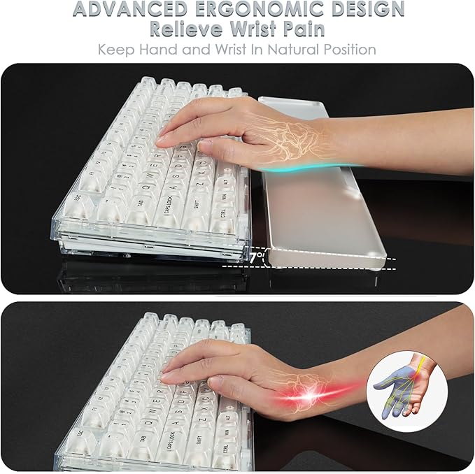Acrylic Gaming Keyboard Wrist Rest,Clear Ergonomic Palm Rest with Anti-Slip Base,Customized Metal CNC Aluminum Alloy Logo for Compact 80% Computer Keyboard,Office,Home,Laptop,Mac,Easy Typing-Sliver