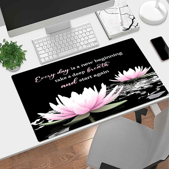 LB Pink Water Lily Flower Inspirational Large Mouse Pad with Motivational Quotes, Non-Slip Rubber Base Black White Aesthetic Desk Pad for Home, Office, Gaming Mouse Mat, 15.75" x 31.5"