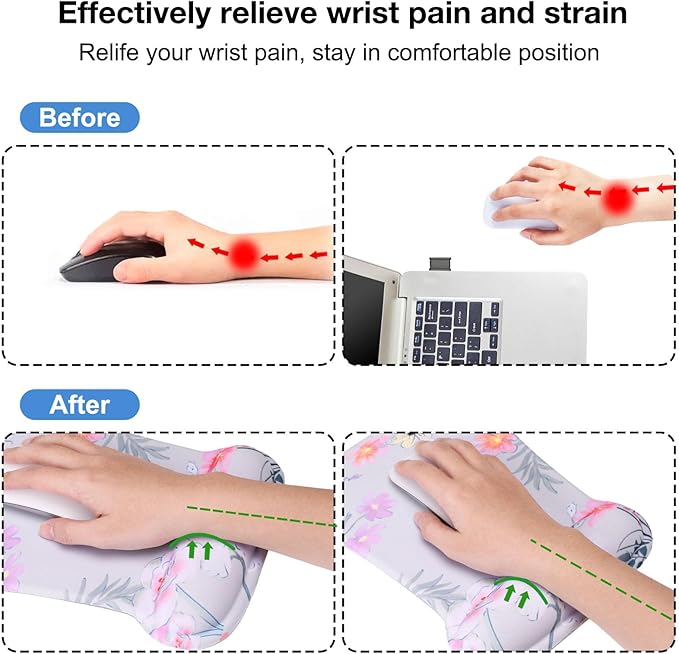 MEGREZ 4-in-1 Ergonomic Memory Foam Wrist Rest Set, Desk Pad, Mouse Pad with Wrist Rest, Keyboard Pad, Suitable for Office Workers, Programmers & Gamers–Relieve Typing & Gaming Fatigue, Pink Flower