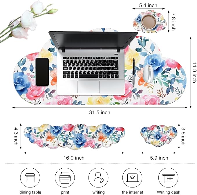 JIKIOU Large Cloud Mouse Pad Waterproof with Cloud Keyboard Wrist Pad and Cloud Mouse Wrist Pad Set, Ergonomic Computer Desk Wrist Support Mousepad for Keyboard and Mouse 35.4x15.7in Colored Rose