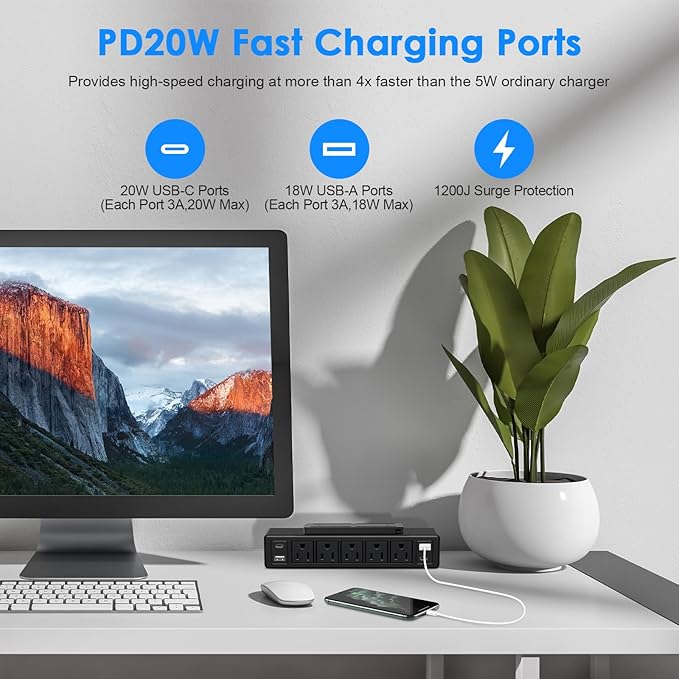 40W Under Desk Power Strip Mountable,20W USB-C Fast Charging Flat Plug Power Strip Surge Protector 1200J,9 in 1 Desk Outlet,5 Outlets,2 USB-C,2 USB-A,10FT Extension Cord Black