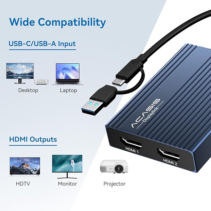 ACASIS USB C to Dual HDMI DisplayLink Adapter, 4K@60Hz, 2 HDMI & 3 USB-A Ports, 100W PD Charging, USB C DisplayLink Docking Station for Mac M1/M2/M3/Windows,USB A/C to Dual Monitor Adapter