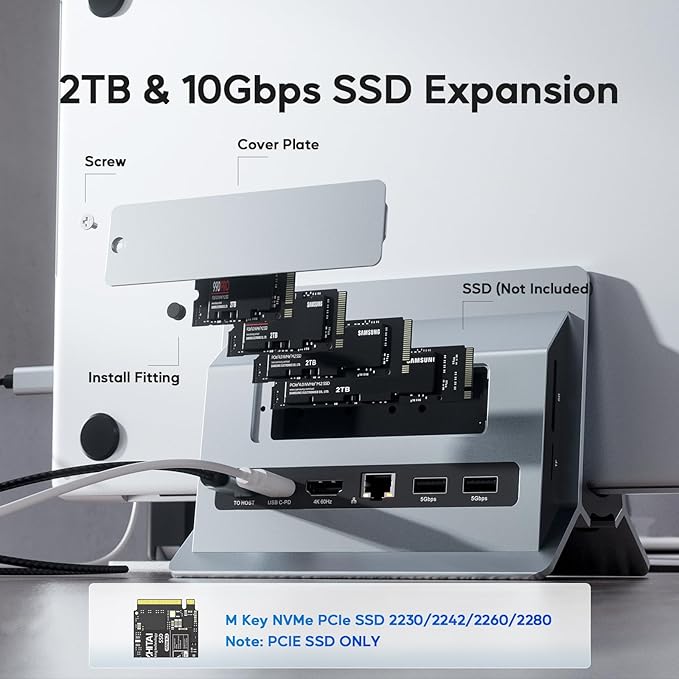 Vertical MacBook Docking Station, PULWTOP Docking Station for Mac mini with M.2 NVMe case for MacBook Pro/Air, 4K@60Hz HDMI, 2USB C 10Gbps, SD/TF, 100W PD, RJ45, 2 USB A for Windows Laptops