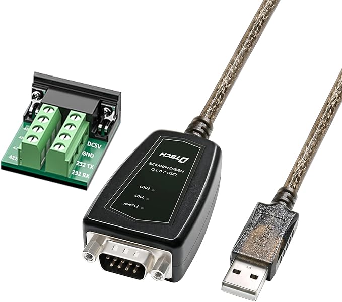 DTECH USB to Serial Adapter RS422 RS485 R232 to USB Cable (3 in 1 Interface) Supports DC 5V with Breakout Board LED Lights for Multi-Kind Control Devices Windows 11 10 8 7 XP Mac (1.5ft)