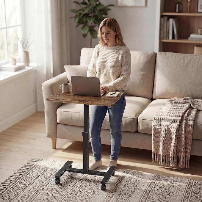 Small Portable Standing Rolling Desk - 24 Inch Mobile Stand Up Desk Adjustable Height on Wheels for Small Spaces, Couch Kids Laptop Desks End Side Table, Teacher Podium for Classroom, Rustic Brown
