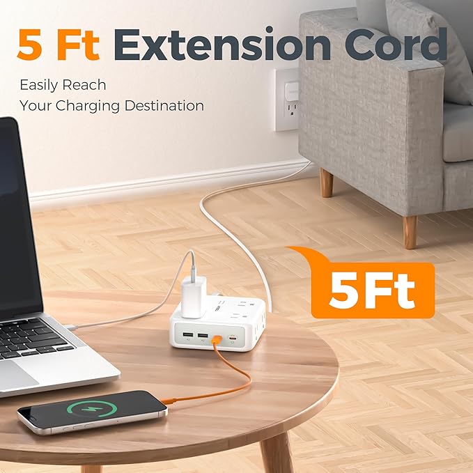 TESSAN Dual Surge Protector Power Strip, 5 Ft Extension Cord Flat Wall Plug with 4 USB (2 USB C) 8 Outlets, 2100J Surge Protection, 20W Multiple Charging Station for Home, Office, College, Dorm Room