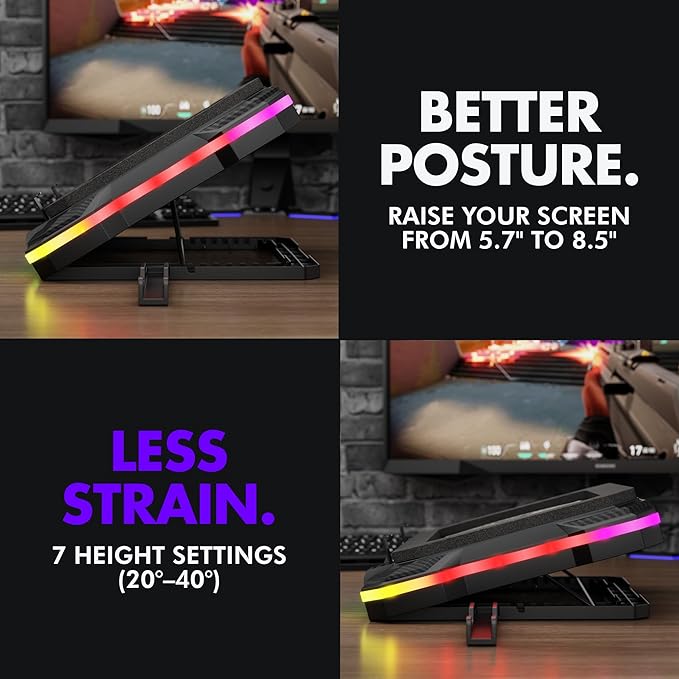 Tilted Nation Gaming Laptop Cooling Pad with USB Hub - Boost Performance, Stay Comfortable - RGB Laptop Cooler Stand with Adjustable Height & Fan Speed, RGB, USB (C + A) Hub, for 15.6" - 19" Laptops
