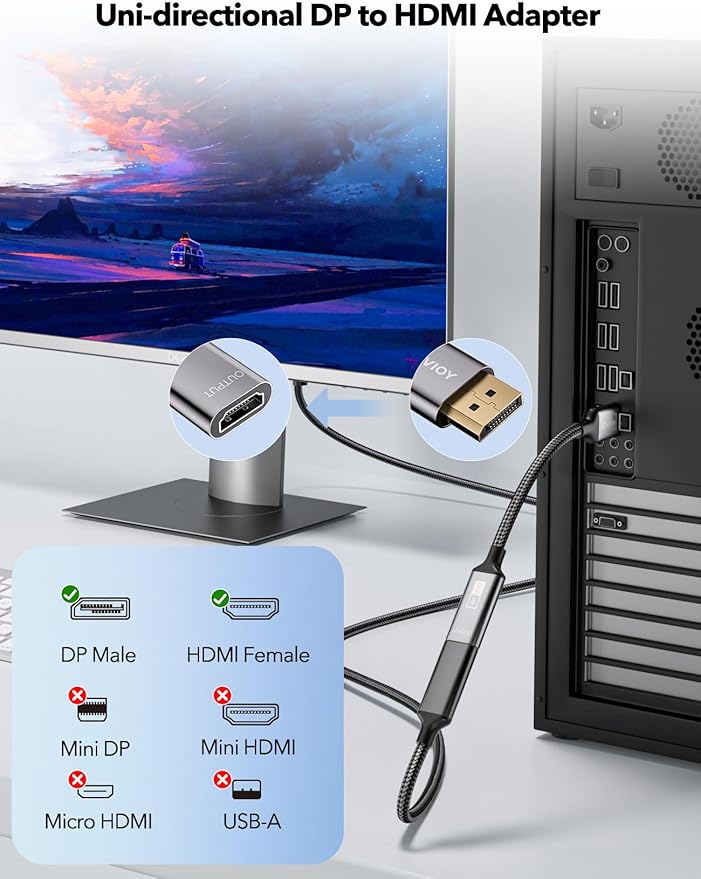 VIOY Displayport to HDMI Adapter 5 Pack, 4K@30HZ Uni-Directional DP (Source) Male to HDMI (Display) Female, 1080P@120HZ Display Port Adapter for Monitor, AMD, NVIDIA, HP, Dell, Lenovo