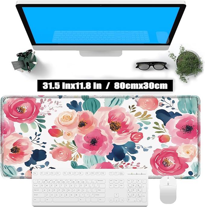 Pink Floral Mouse Pad 31.5x11.8 Inch, Women Girls Flowers Lager Desk mat with Non-Slip Base, Micro-Woven Fabric Stitched Edges for Office Computer Gaming