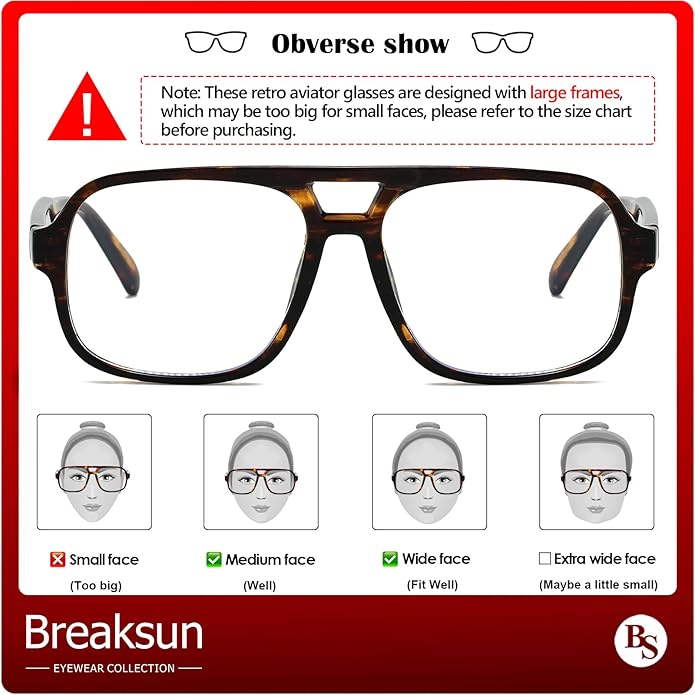 Oversized Square Aviator Glasses for Women Men Big Frame Retro Blue Light Blocking Glasses Vintage Style