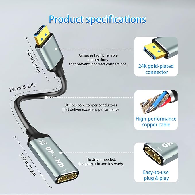 MaxRenard Display Port to HDMI Adapter,DP 1.2 to HDMI 4K 60Hz High Resolution,Audio/Video Sync,Compatible with Dell and HP,DisplayPort to HDMI Converter for HDTVs,Monitors,projectors,Computers