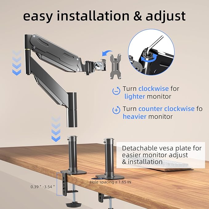Pholiten Premium Aluminum Heavy Duty Monitor Arm, Ultrawide Monitor Arm, Full Motion Single Computer Mount for Computer Screens up to 49 Inches and 46.2lbs, Adjustable Clamp and Grommet Vesa Mount