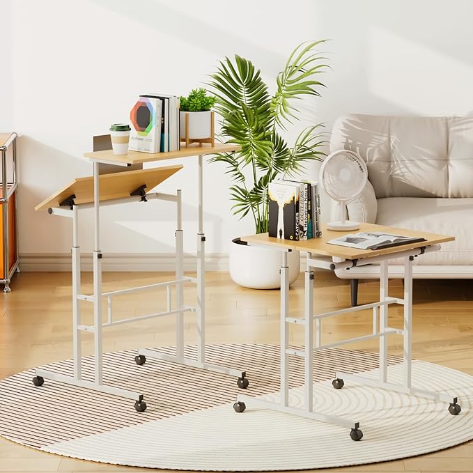 Athena Collection Height Adjustable Rolling Desk Mobile Portable Laptop Stand Cart Small Sit Standing Desk Computer Table Workstation for Home Office, Natural