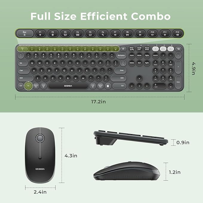 seenda Wireless Bluetooth Keyboard and Mouse Combo, COE202 Round Cute Keycaps, 3 Multi-Device Connection, Full Size Wireless Keyboard Compatible for PC/Laptop/Mac/MacBook/iPad/Tablet, Black