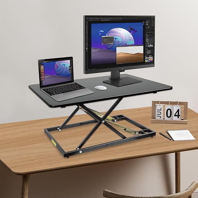32in Desk Riser for Standing or Sitting, Large Standing Desk Converter, Height Adjustable Sit Stand Desk Converter, Fully Assembled Monitor Laptop Riser Workstation for Home Office, Black