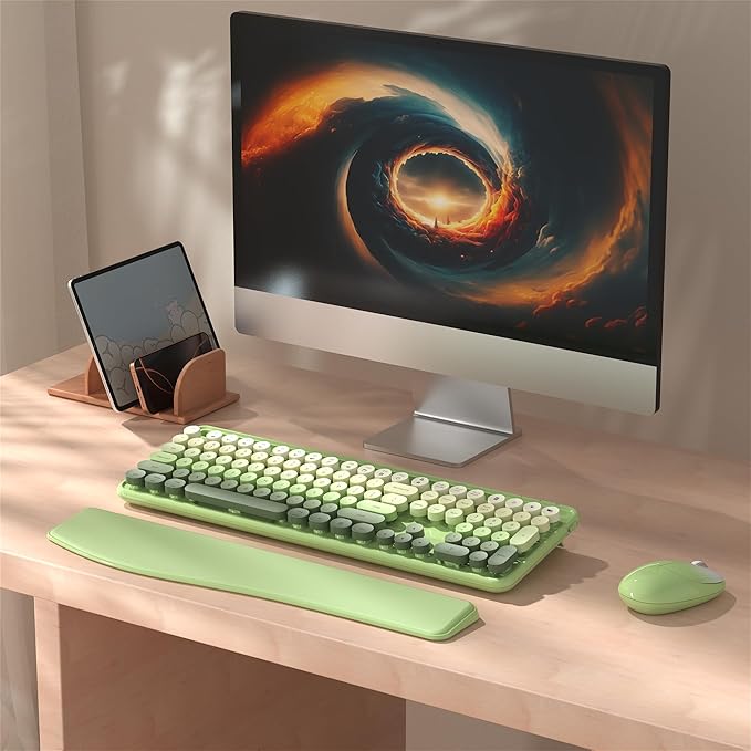 Colorful Wireless Computer Keyboard and Mouse Combo with Phone Holder, Wrist Rest, Typewriter Keys, 2.4GHz Wireless, Full-Sized Optical Mouse for PC and Laptop(Green Colorful)