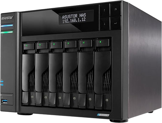 Asustor Lockerstor 6 Gen2+ AS6706T v2 6 Bay NAS Storage, Intel Quad-Core 2.0GHz CPU, Dual 5GbE Ports, 8GB RAM DDR4, 4 M.2 SSD Slots, HDMI, Network Attached Storage (Diskless)