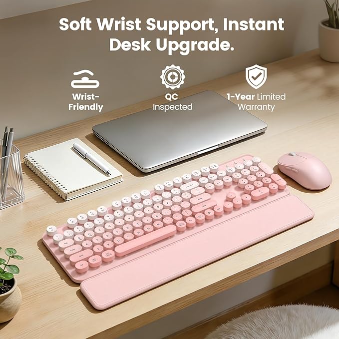 Wireless Keyboard and Mouse Combo, Magnetic Soft-Touch Wrist Rest, Round Keycaps, Full-Size Retro Typewriter Keyboard, 2-Stage Tilt Legs, Auto Sleep, 2.4GHz Cordless for Windows PC, Blush Pink Ombre