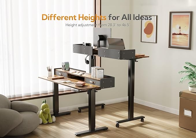 Claiks Standing Desk with Drawers, Adjustable Stand Up Electric Standing Desk Adjustable Height with Storage Shelf and Splice Board, 59 Inch, Rustic Brown