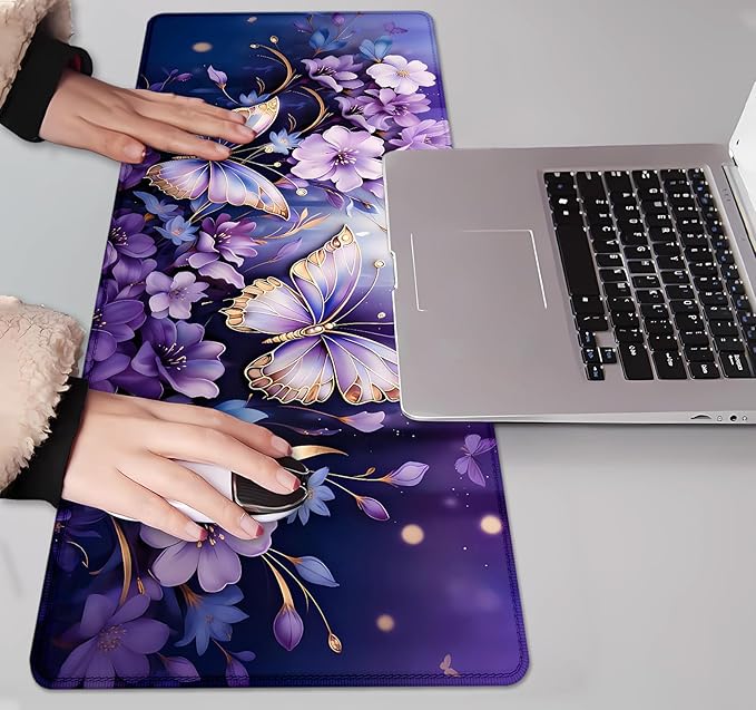 IMAYONDIA Gold Butterfly Desk Pad, Purple Flowers Large Mousepad, Floral Desk Mat, Modern Beutiful Extended Mouse Pads for Laptop, Computer Pad for Women Girls Office, 31.5x11.8 in