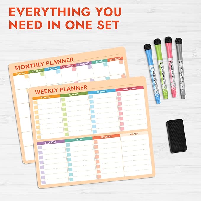 Magnetic Whiteboard Calendar for Fridge – 2-Pack Monthly & Weekly Planners (14”x12”) – Dry Erase Boards with Notes Section, Shaded Dates – Includes 4 Markers & Magnetic Eraser