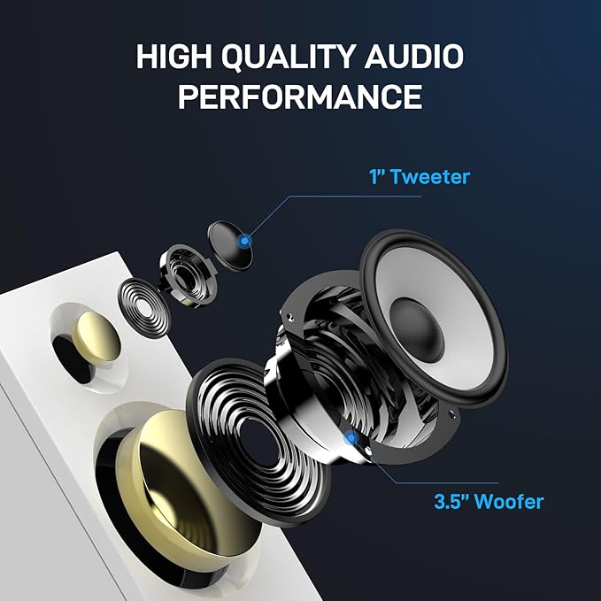 Powered Bookshelf Speakers HiFi Computer Gaming Monitors with Bluetooth 5.3 & 24-Bit USB DAC Stereo Speaker PC Speakers 3.5" Woofer,1" Silk Dome Tweeter, Adjustable Bass/Treble BT16 - White
