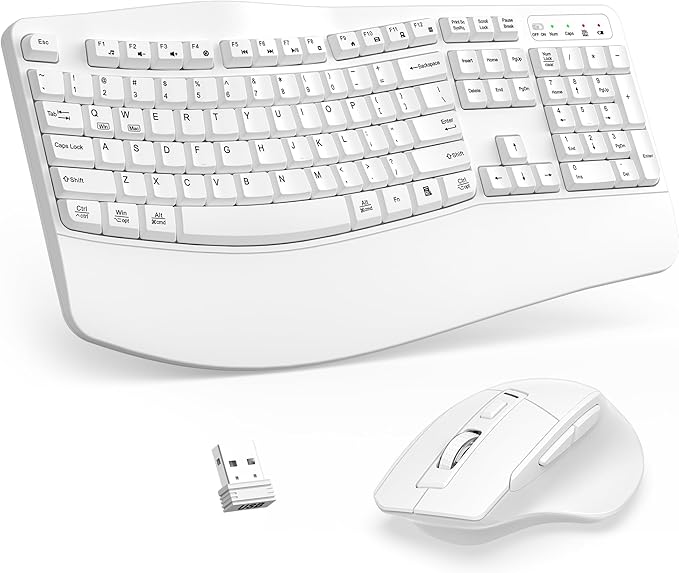 Wireless Keyboard and Mouse Combo, 2.4G Full Size Wave Keys Ergonomic Keyboard with Wrist Rest and 3-Level DPI Adjustable Wireless Ergonomic Mouse for Windows, Mac OS Desktop/Laptop/PC(White)