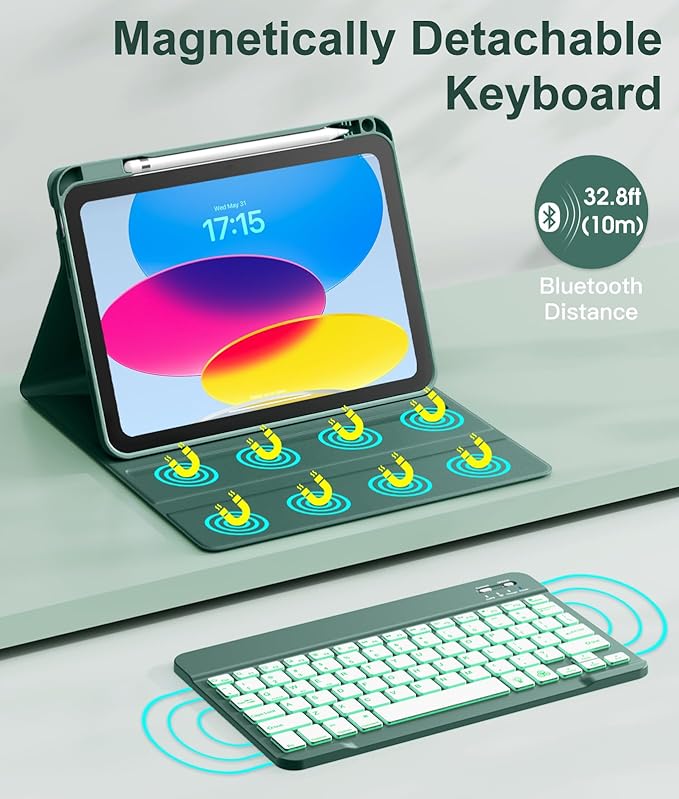 Hamile Keyboard Case for iPad 11th 10th Generation - 7 Colors Backlit Wireless Detachable Folio Keyboard Cover with Pencil Holder for iPad 11-inch A16 2025 10th Gen 10.9 Inch 2022 (Midnight Green)