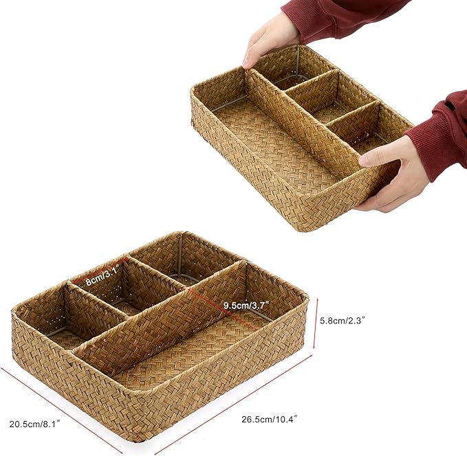 BTSKY Desk Drawer Organizer Tray, Coffee Station Organizer Tea Bag Organizer, Woven Seagrass Storage Basket with 4 Divided Sections Handwoven Wicker Storage Basket for Shelves, Pantry, Coffee Bar