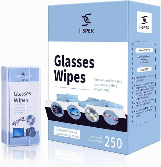 250 Count Lens Wipes for Eyeglasses, Pre-Moistened Individual Wrapped Glasses Wipes Lens Cleaner, with a Carrying Box, Defogging Screen Wipes for Sunglass, Goggles, Camera, Computer, Laptops Screens